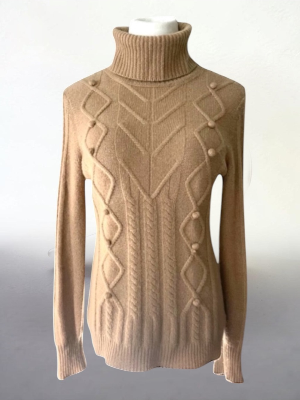 SAKS FIFTH AVENUE 2-PLY CASHMERE CLASSIC CAMEL CABLE SWEATER SIZE LARGE
